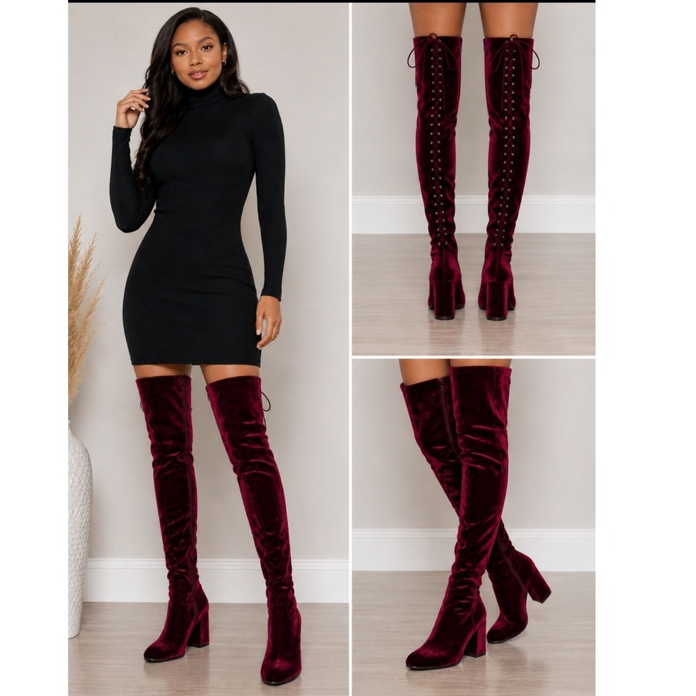 Torrid Burgundy Velvet Lace Up Back Over The Knee Boots Wide Width 9.5W 15870520